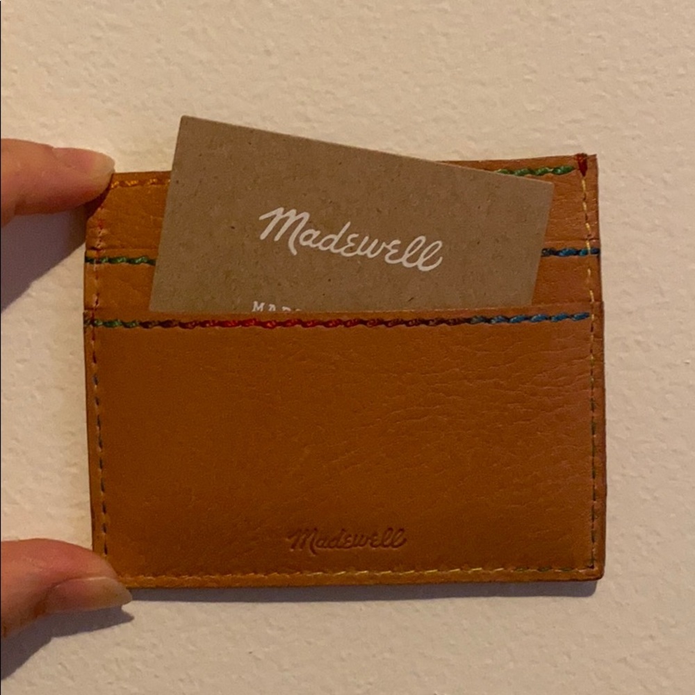 Madewell leather card wallet: rainbow-stitched